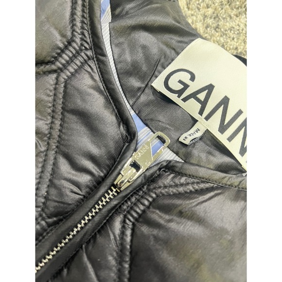 GANNI Black Quilted Ripstop Jacket Tie Waist Collarless Zip Up Womens Size L - Picture 8 of 13